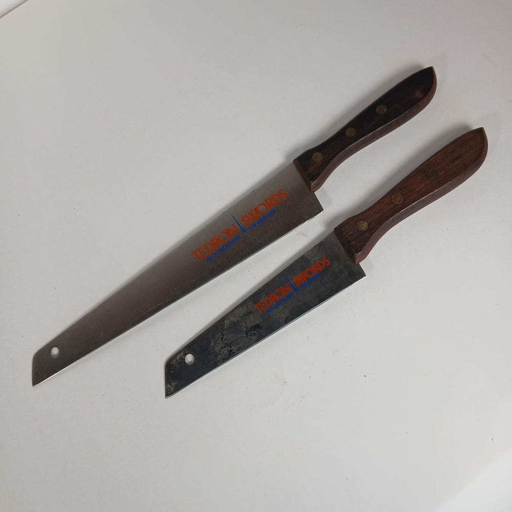 Pair Of 2 Vtg Tedron Swords Kitchen Knives 13.5" & 10" Blades Wood Handles